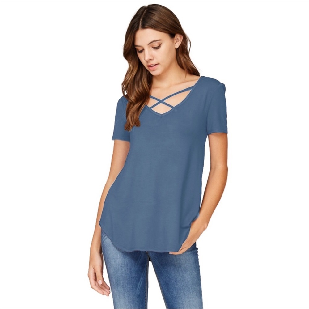 🚫Donated🚫New Strappy Denim Blue v-neck tee - Picture 2 of 5